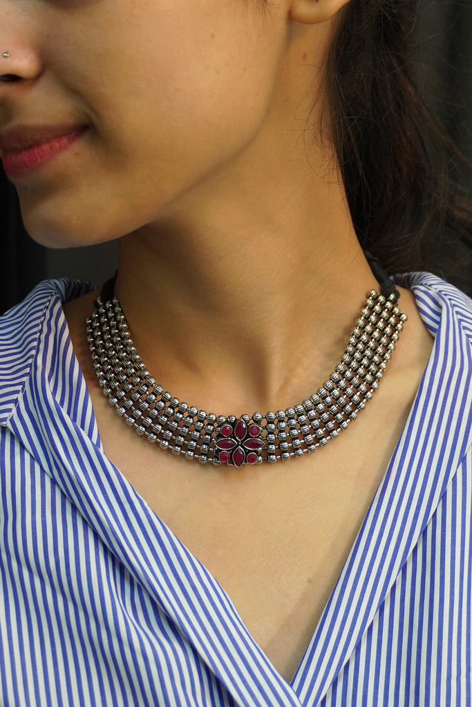 Pink Silver-Plated Oxidised Handcrafted Floral Choker Necklace