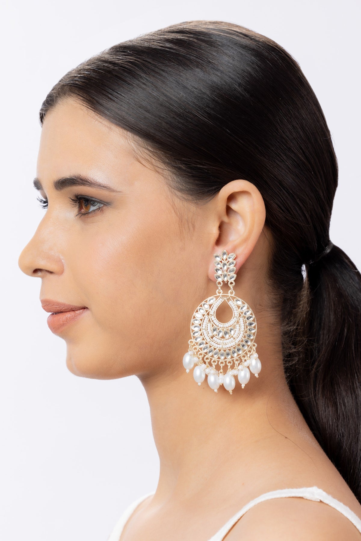 Kundan and Pearl Chandbali Earrings for Women