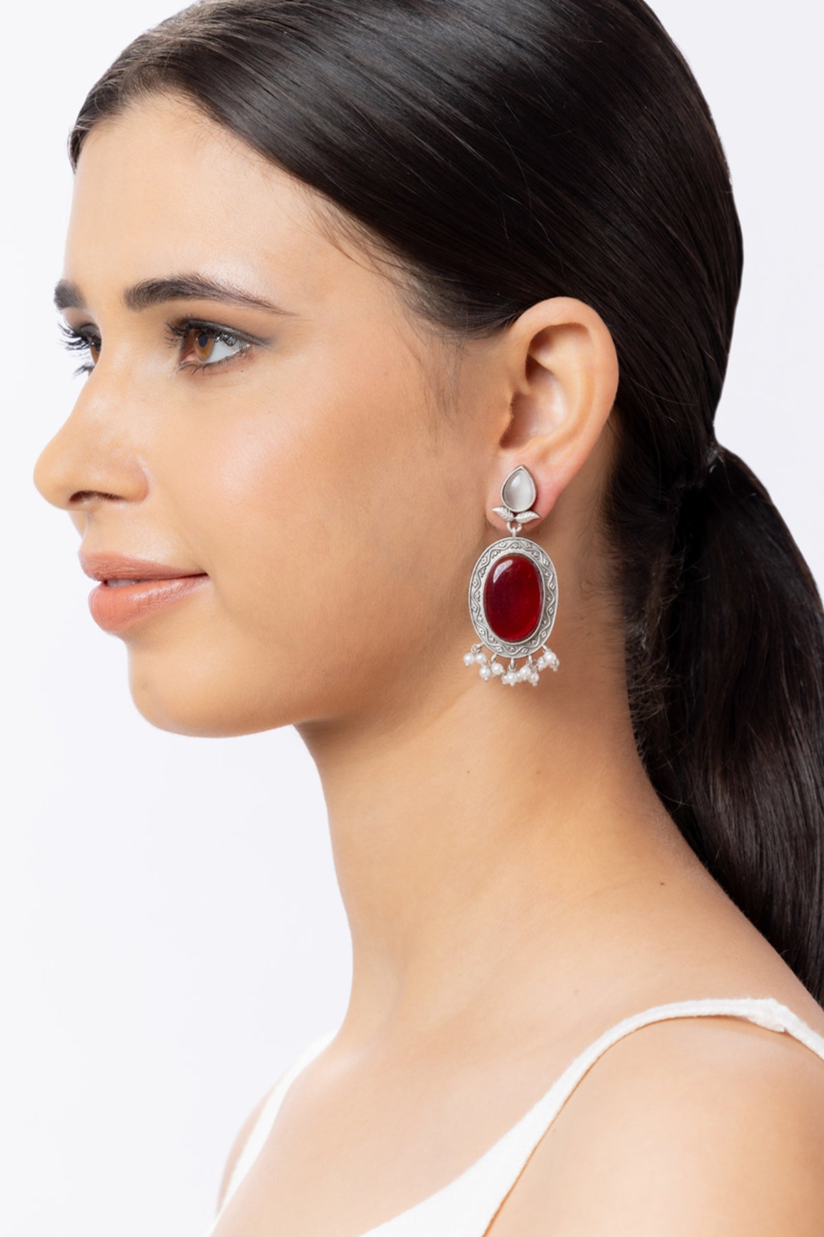 Maroon and Grey Stone Oxidised Earrings