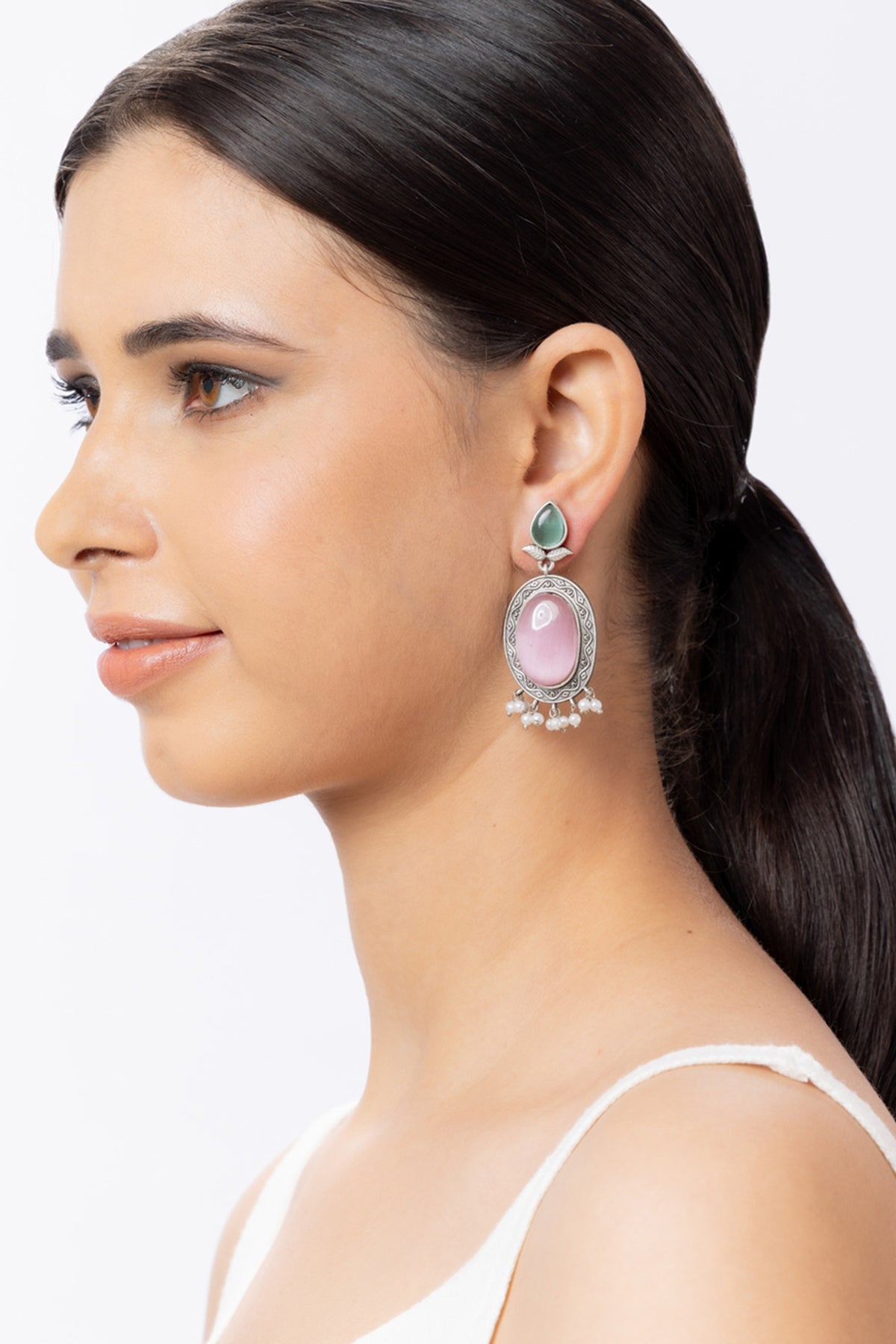 Pink and Blue Stone Oxidised Earrings