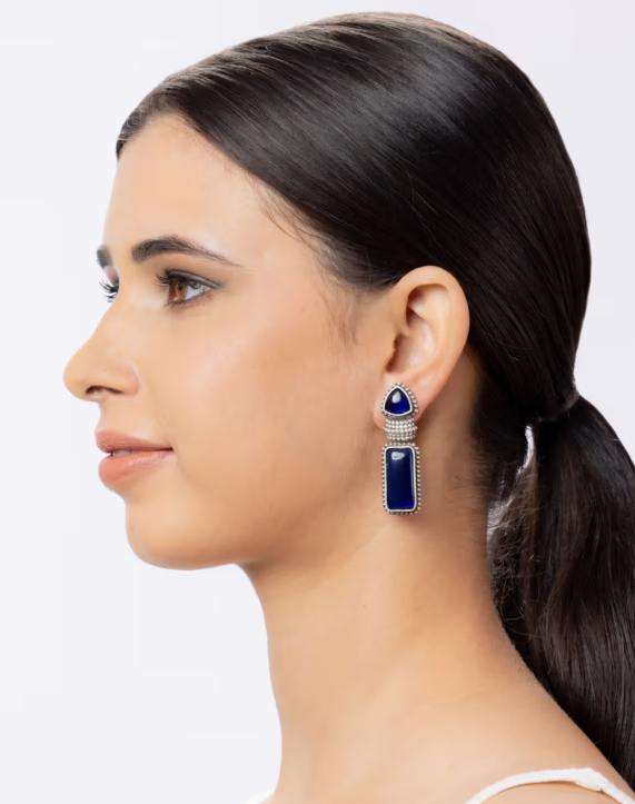 Silver Oxidised Dark Blue Stone Earrings