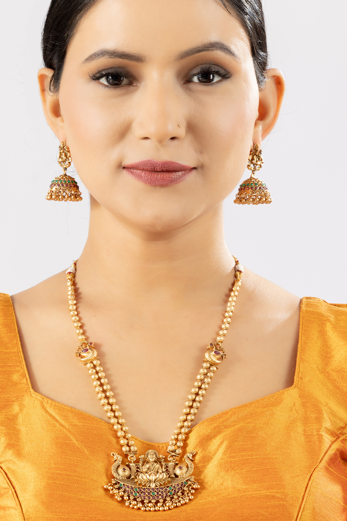 Ethnic 24k Gold Plated Long Temple Necklace Set