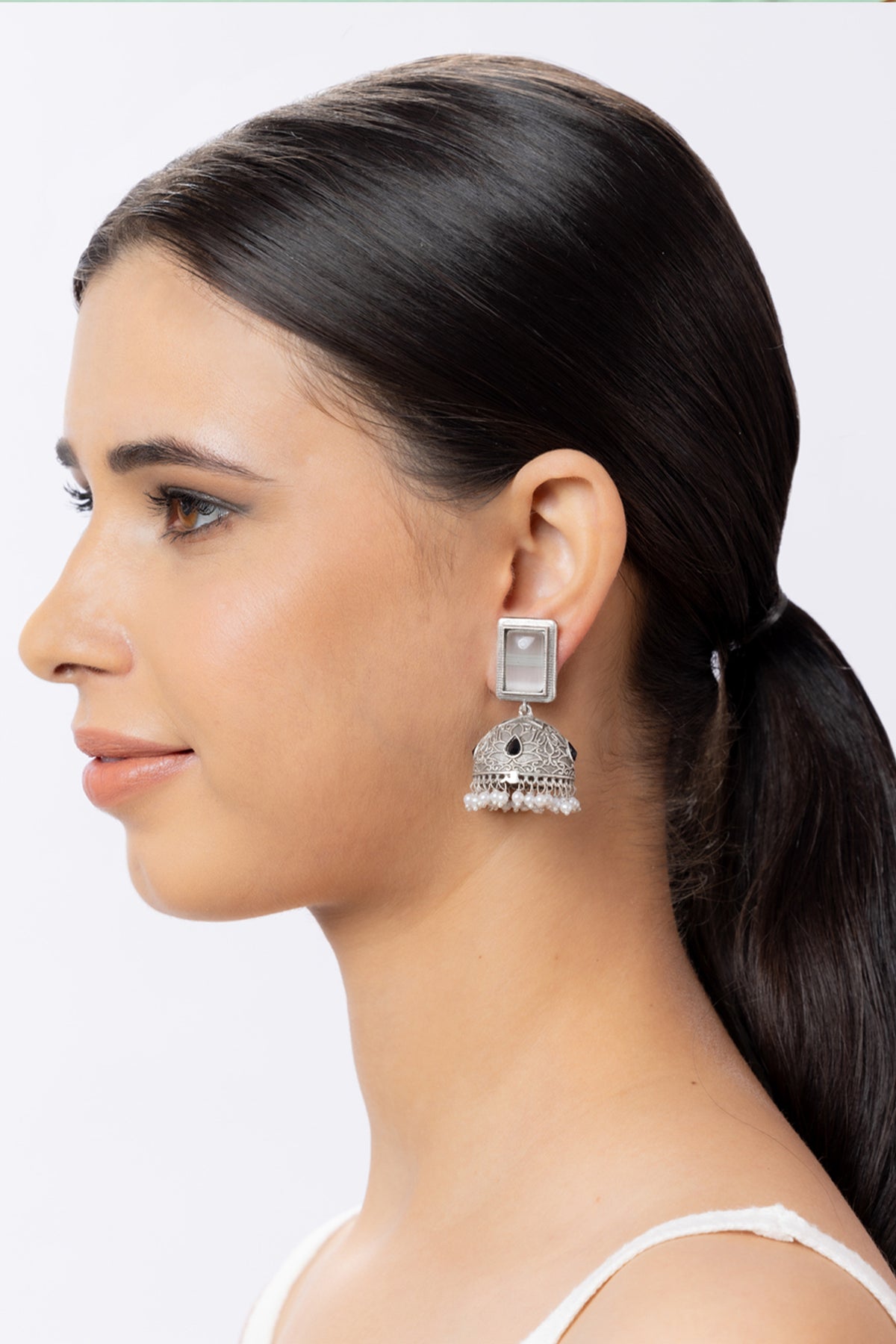 Vintage Silver Grey Oxidised Jhumka Earrings for Women