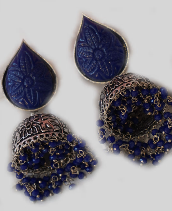 Navy Blue Stone Ethnic Oxidized Jhumka Earring
