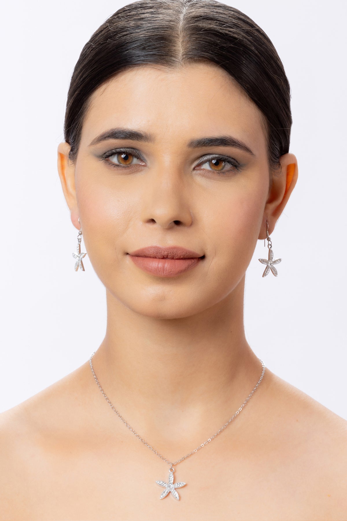 Silver Plated Star Fish Pendant Chain and Earring Set