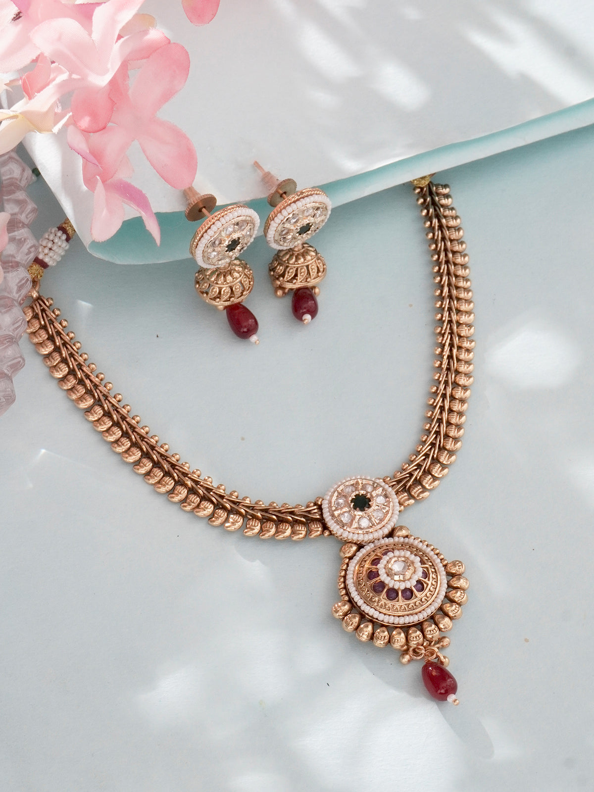 24k Gold-Plated Ruby & Emerald Circular Necklace Set