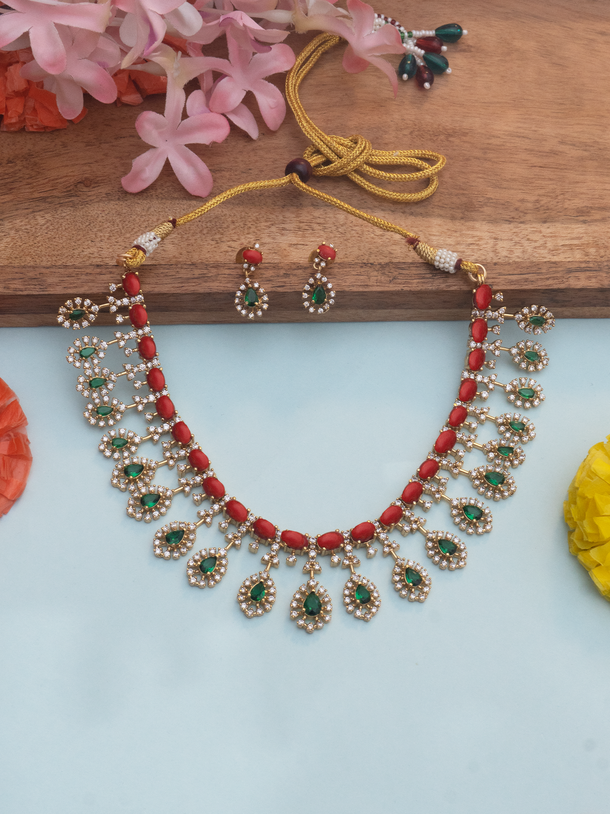 Gold-Plated Red & Green Emerald Zircon Jewelry Set