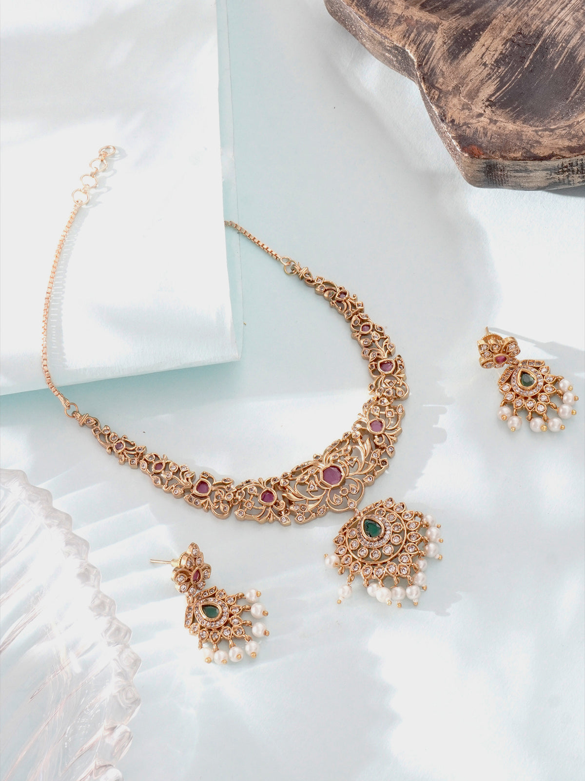 Emerald and Pink Gold-Plated Jewelry Set with Pearl and CZ Flower Design