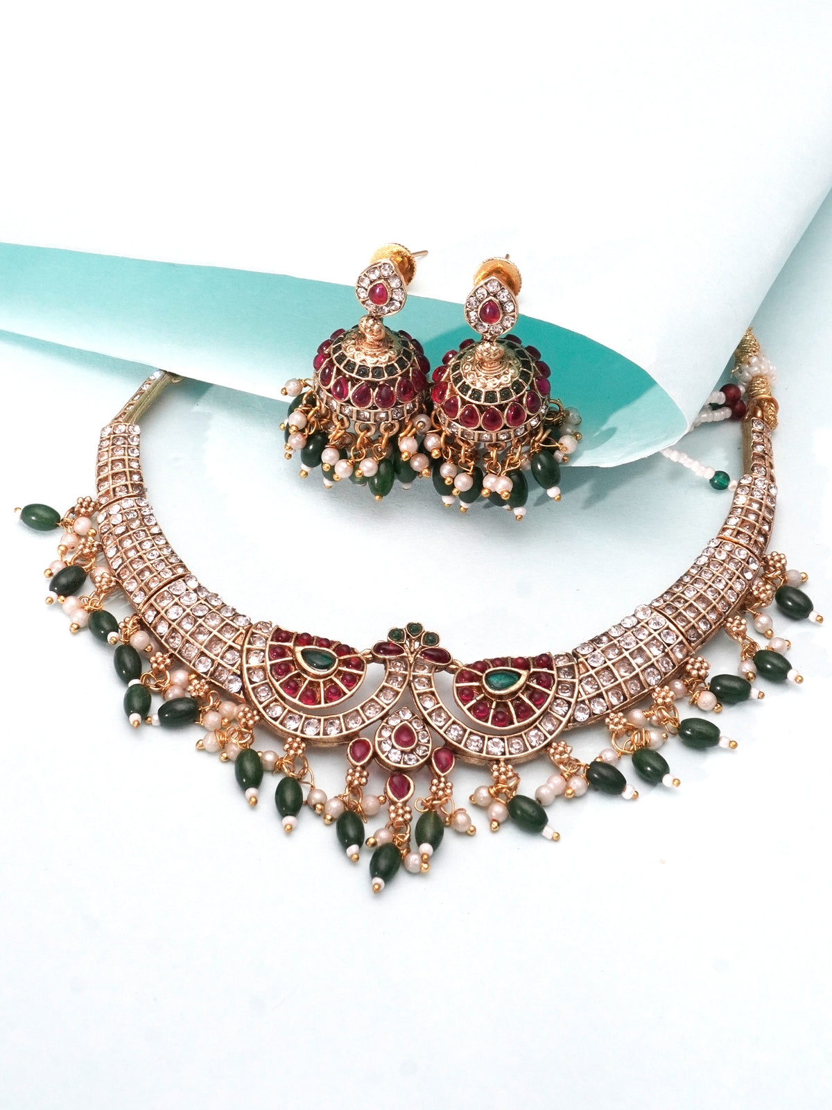 Emerald and Pink Gold-Plated Jewelry Set with American Diamond Rhodium-Plated Finish and Jhumki Earrings