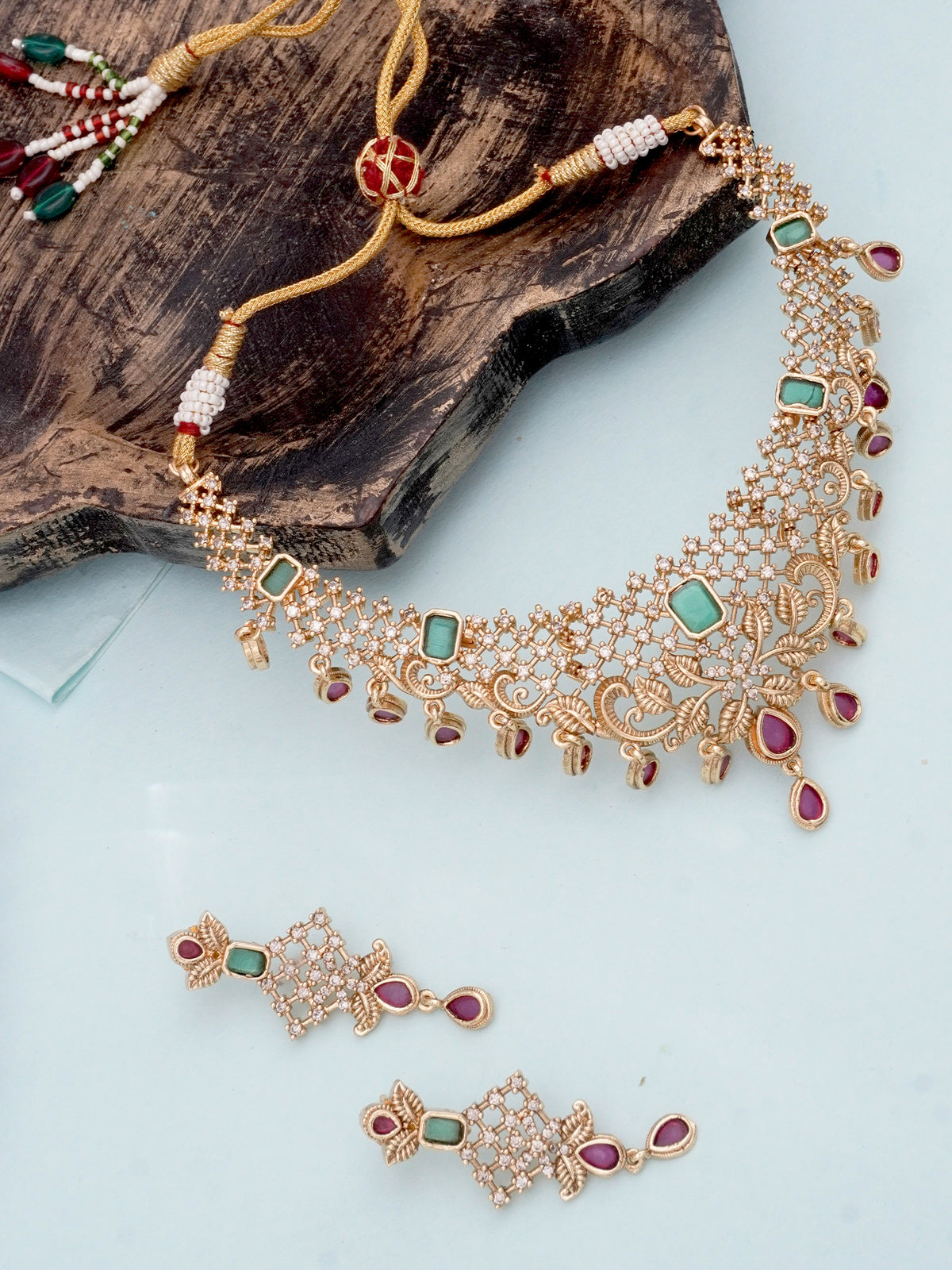 24k Gold-Plated Pink and Emerald Jewelry Set with CZ Stones Leaf Design