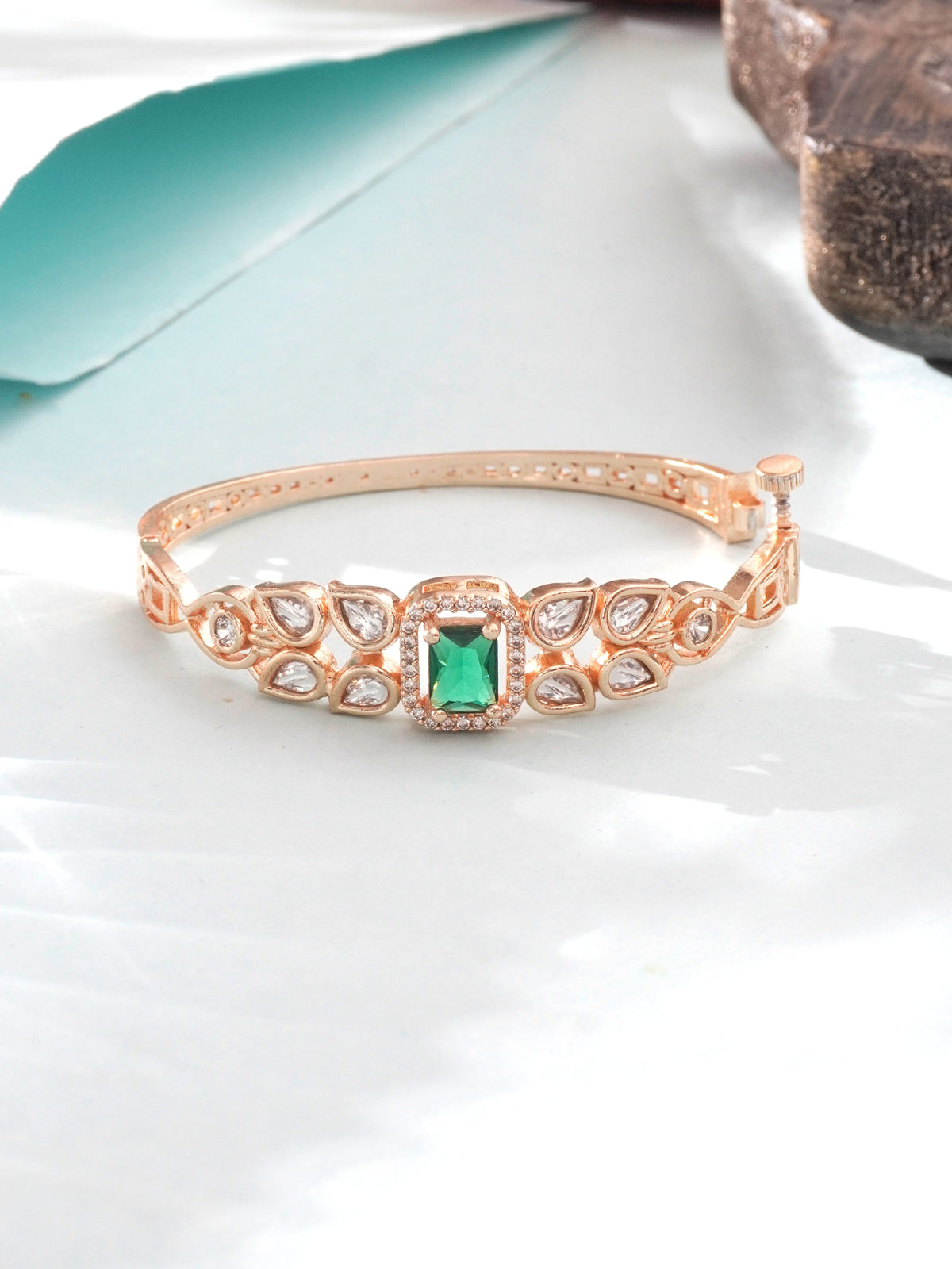 24k Gold-Plated Bracelet with Green Kundan Stones (Openable)