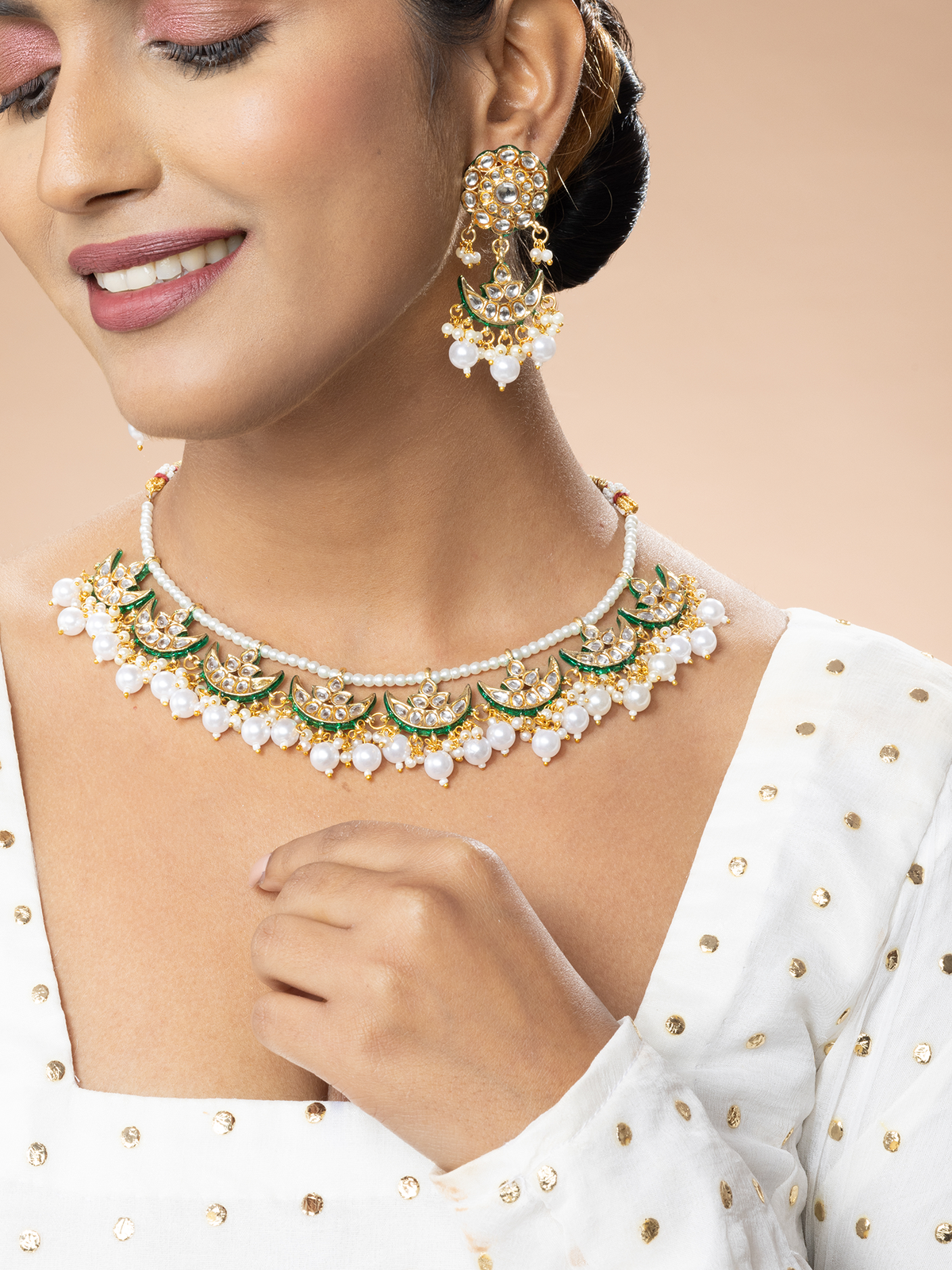 Pearl and Kundan Floral Necklace and Earrings Set