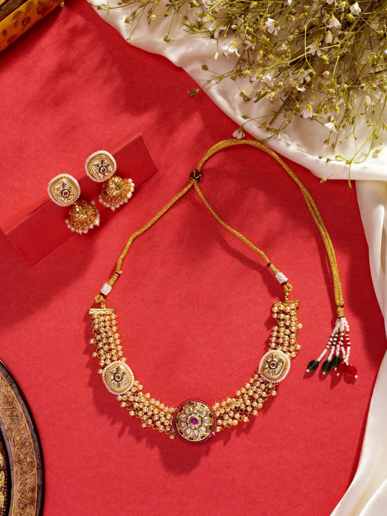 Gold Plated Ruby Emerald Jadau Kundan Set with Earrings