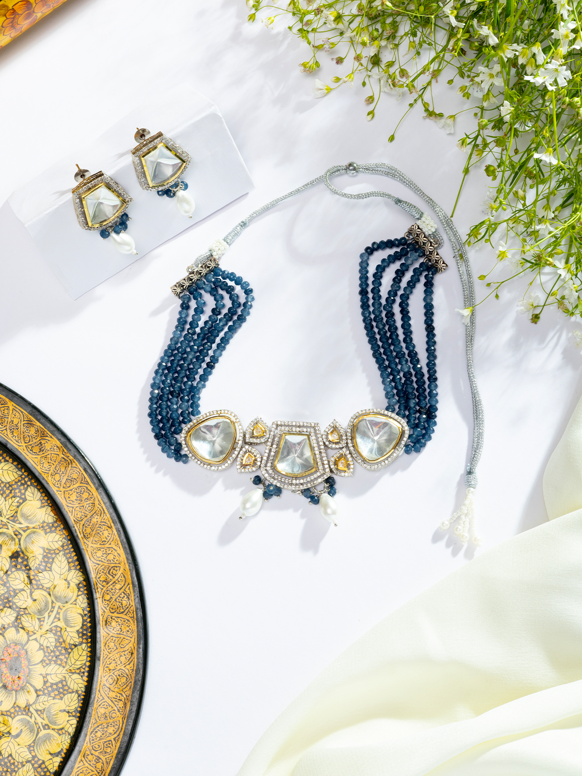 Kundan, Pearl and White Stone Studded Blue Choker Necklace and Earring Set