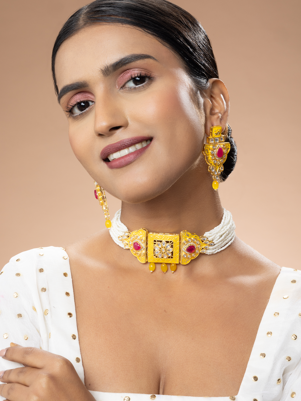 24K Gold Plated Yellow Meenakari Kundan and Ruby Jadau Choker Necklace and Earrings Set