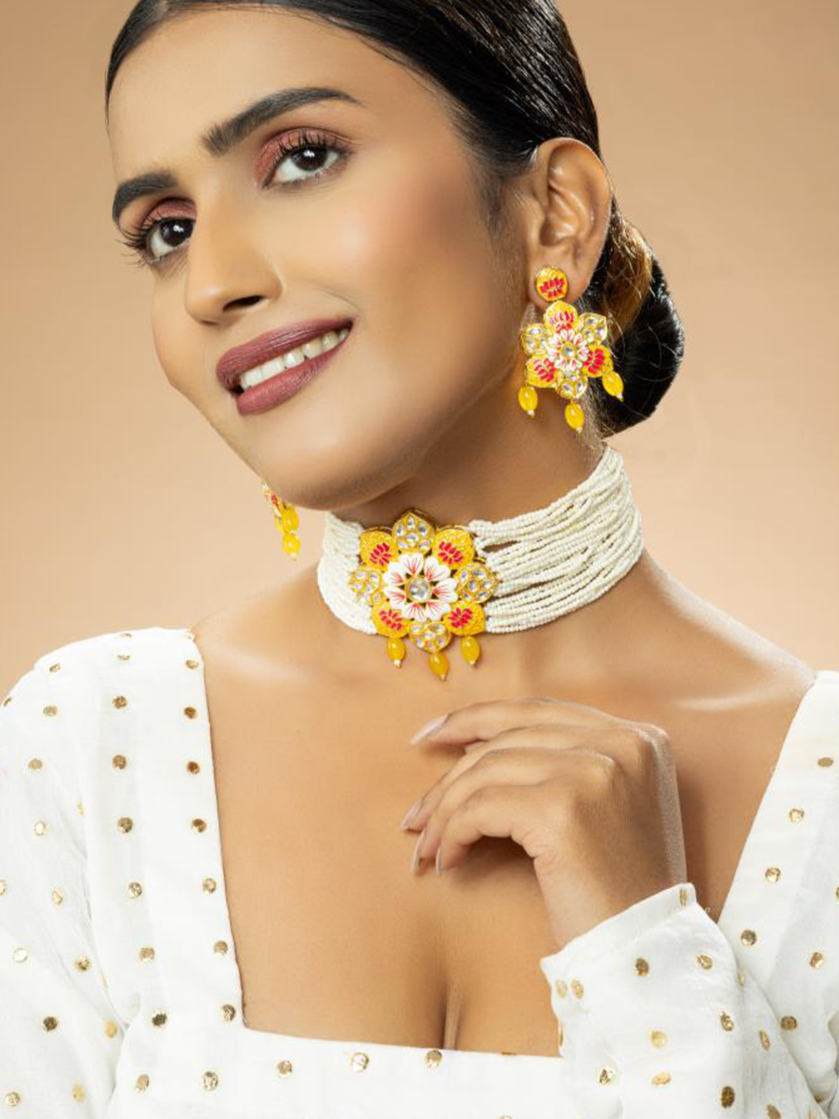 Matte Gold Yellow Floral Meenakari Necklace Set with Pearls