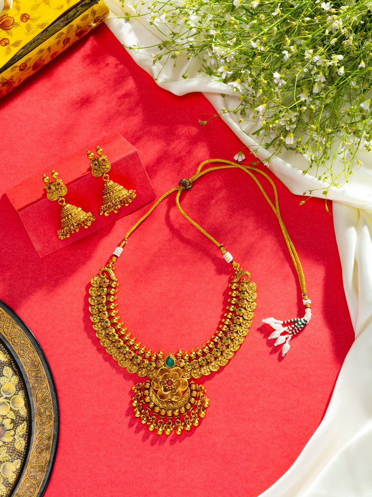 Gold Plated Floral Ruby and Emerald Necklace Set