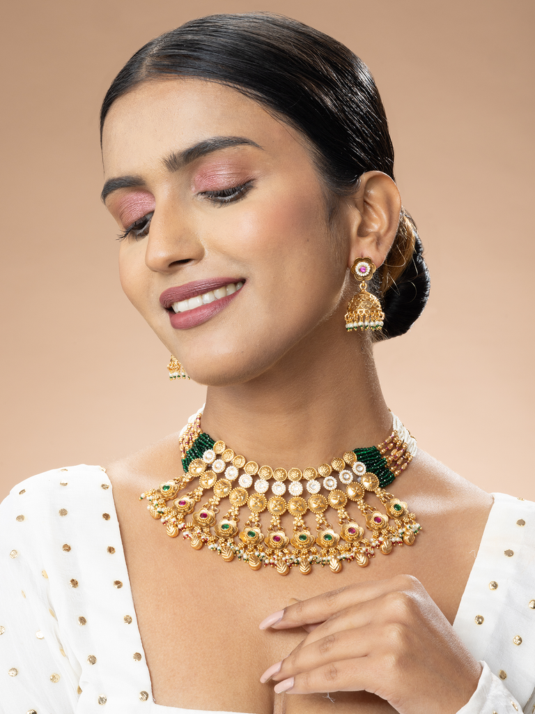 Gold Plated Green and Red Stone Necklace Set by Niscka - Gale Ka Haar