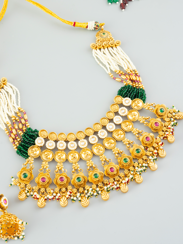 Emerald and Pearl Gold Plated Haar and Earrings Set