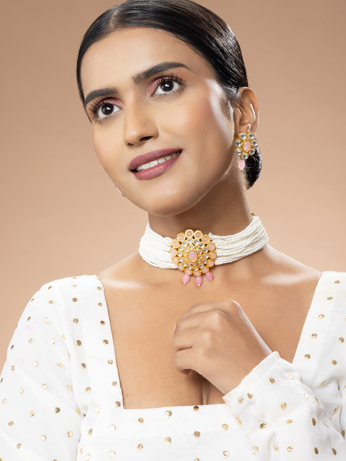 Gold Plated Kundan Pink Stone Pearl Choker Necklace