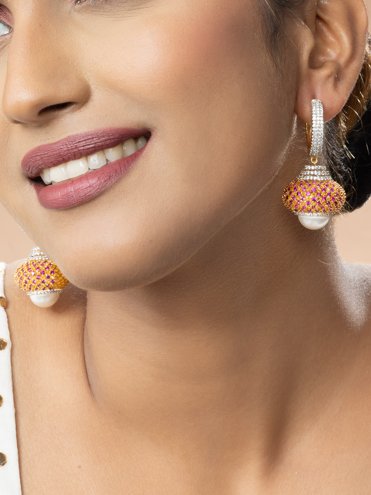 Gold Plated Round Earrings with AAA+ Grade Pink and White Zircon Stones