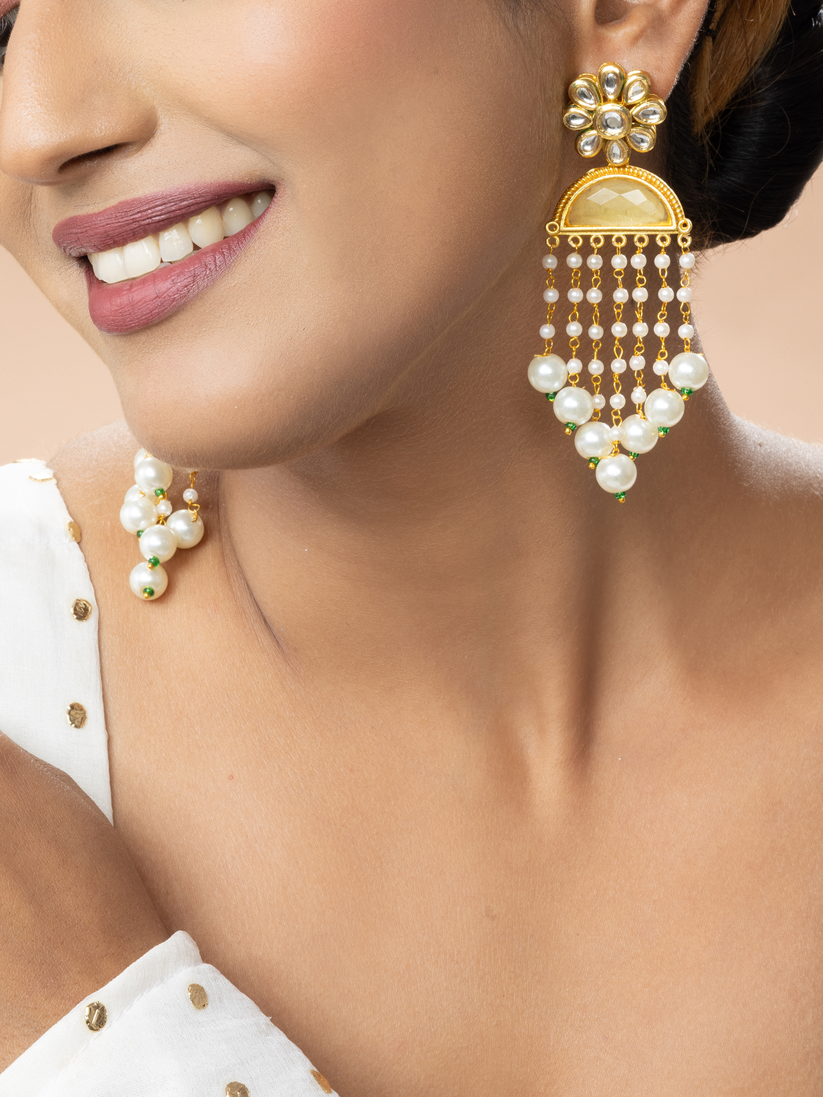 Gold-Plated Kundan, Pearl and Yellow Stone Danglers