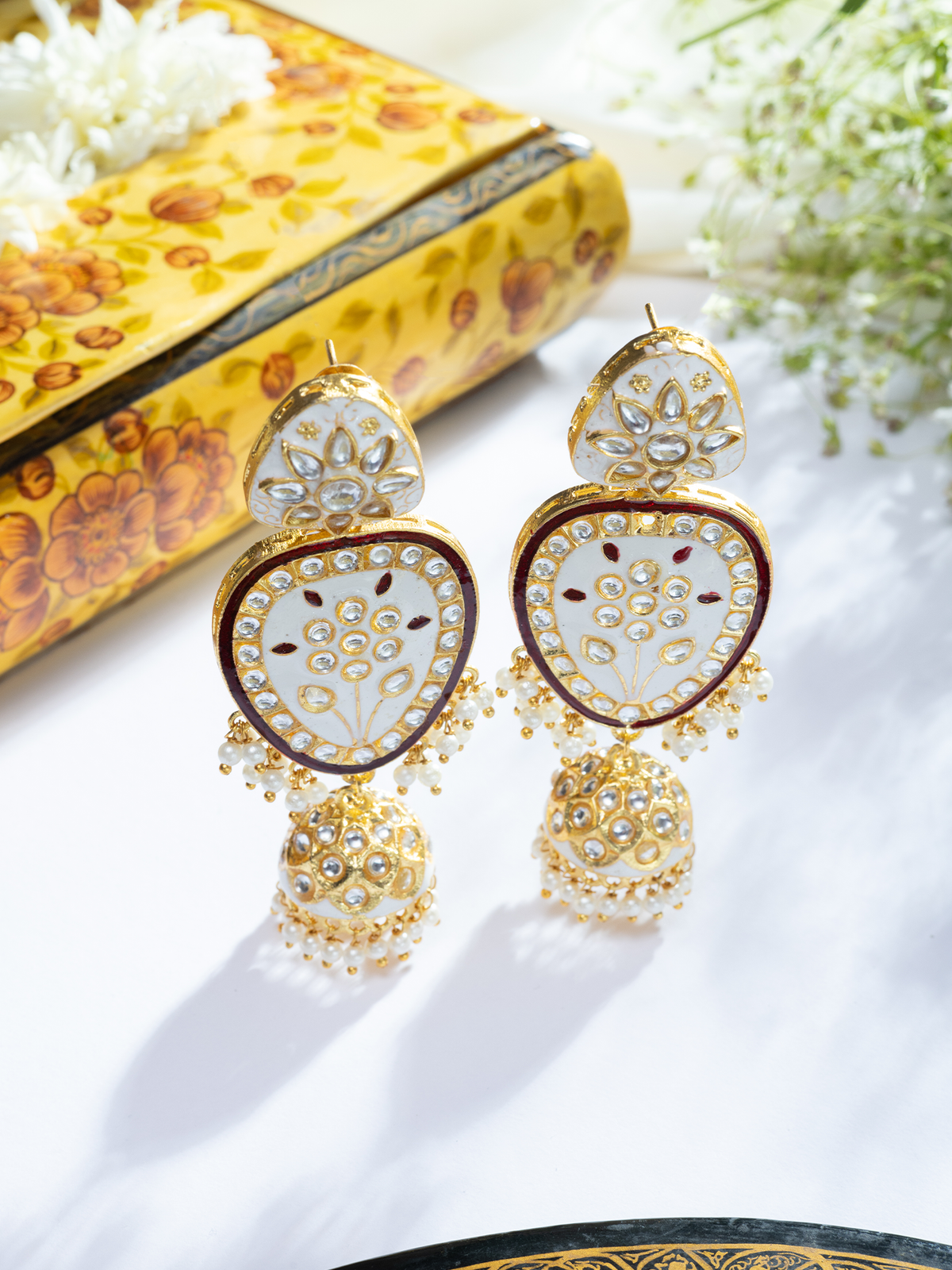 Gold-Plated White Meenakari Earring Set with Kundan and Pearls