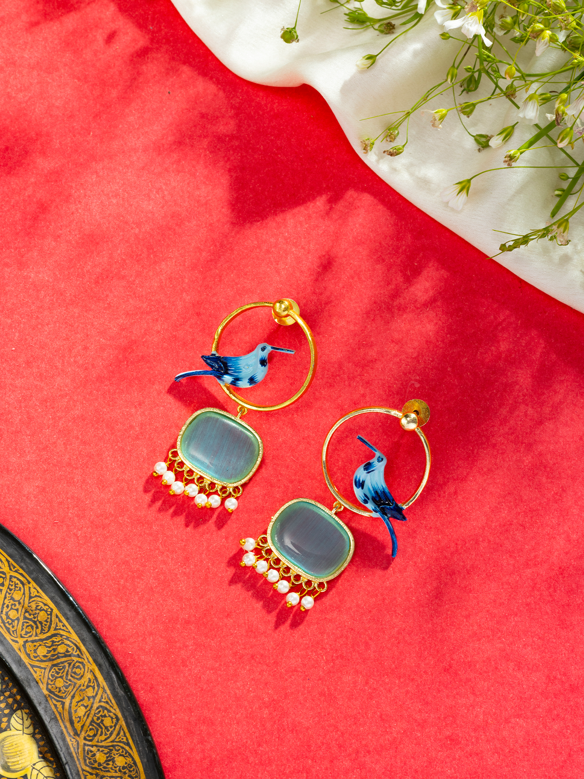 Bird Design Earrings with Blue Stone