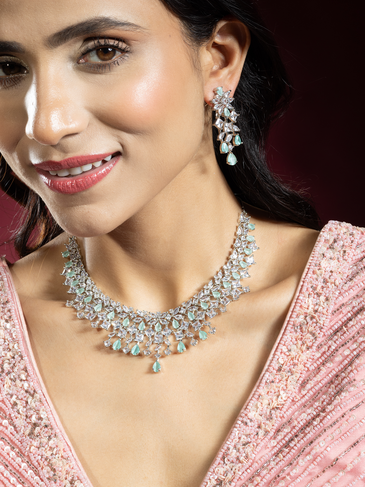 Rhodium Plated White and Aqua Green American Diamond Necklace Set