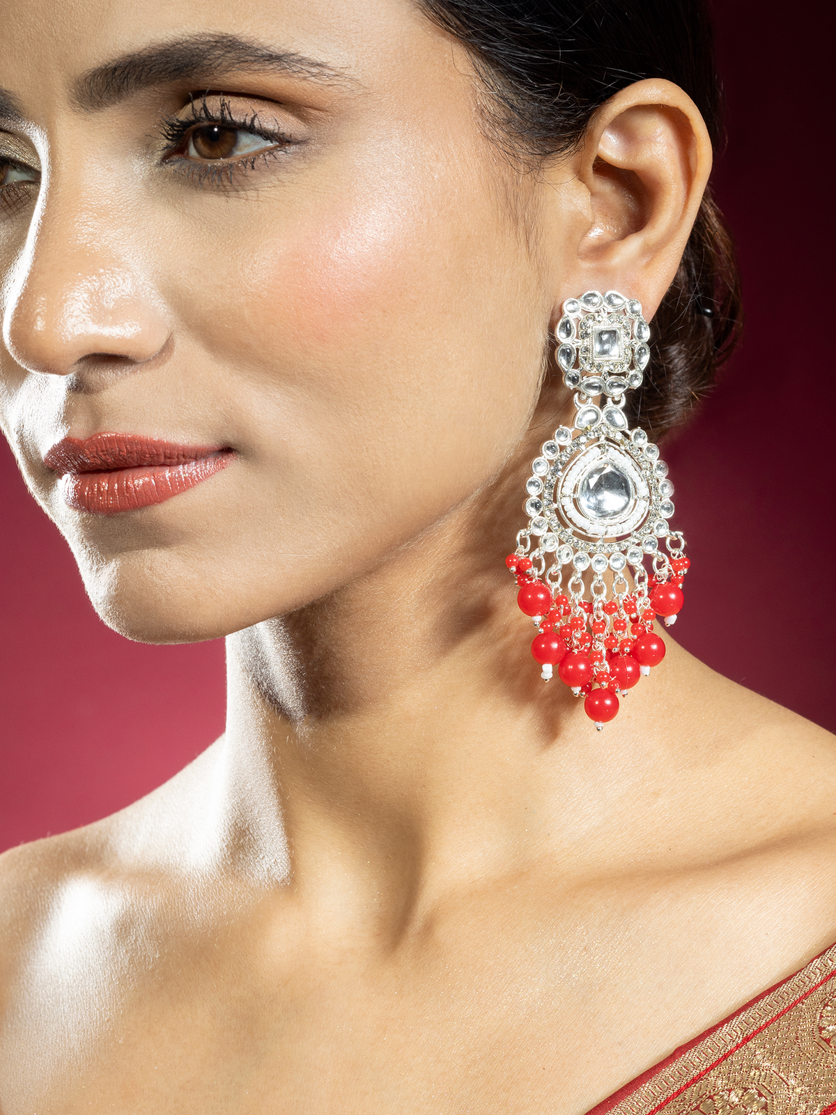 Silver Plated Earrings with Kundan and Red Pearls