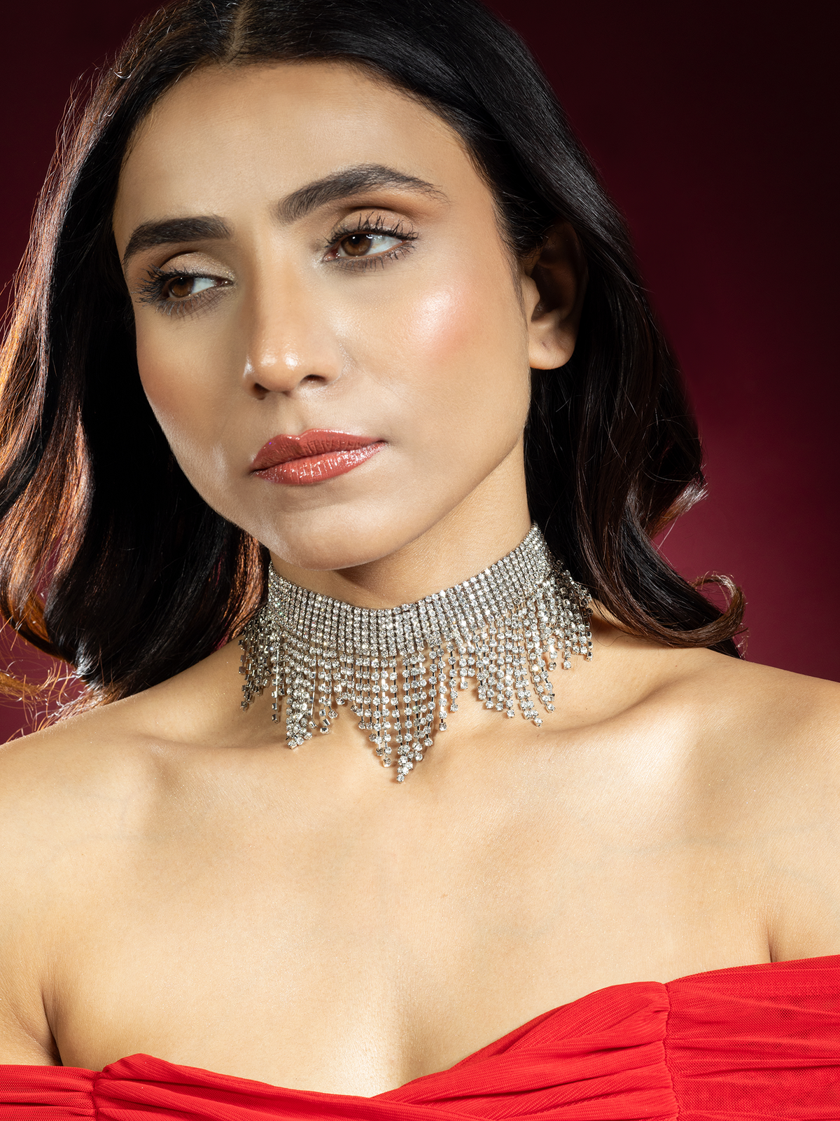 Silver-plated White CZ Stone Multilayer Waterfall Necklace