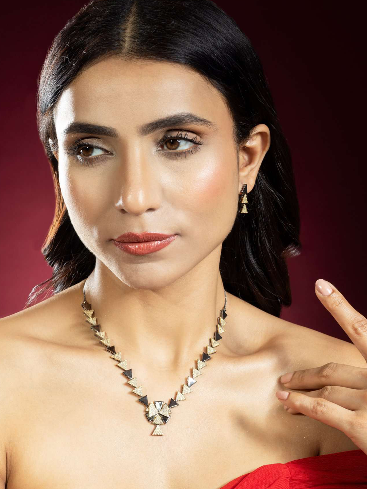 Black Rhodium-Plated White CZ Necklace Set with Earrings