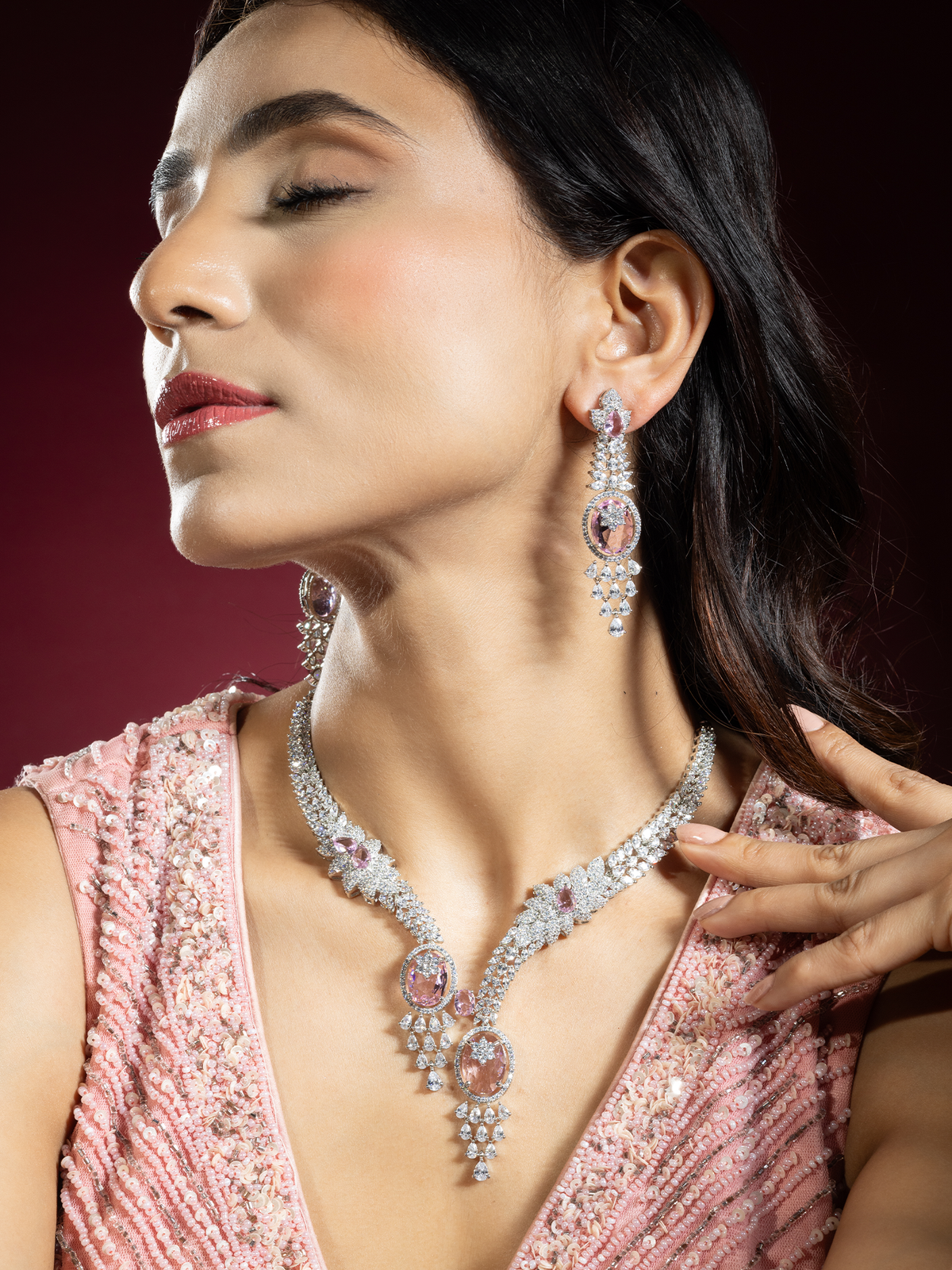 Rhodium Plated White & Pink American Diamond Necklace Set