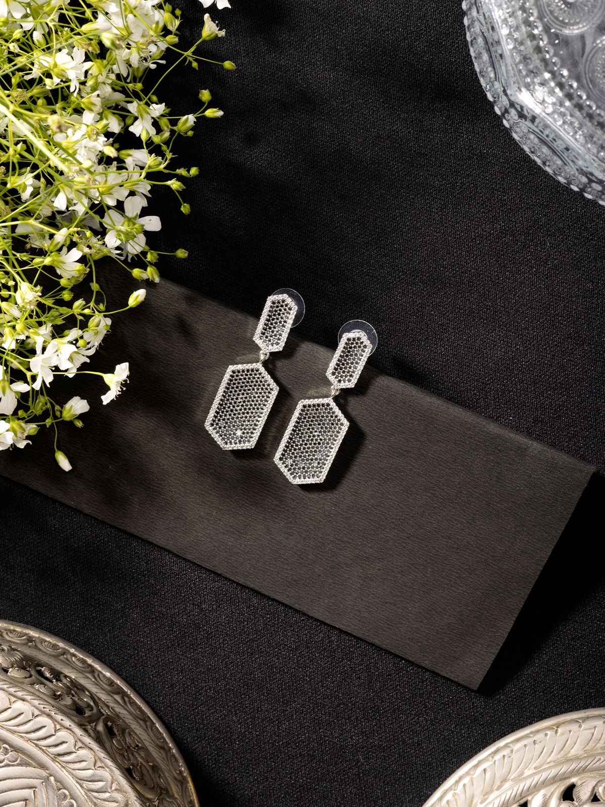 Rhodium-Plated Black and White American Diamond Hexagon Earrings