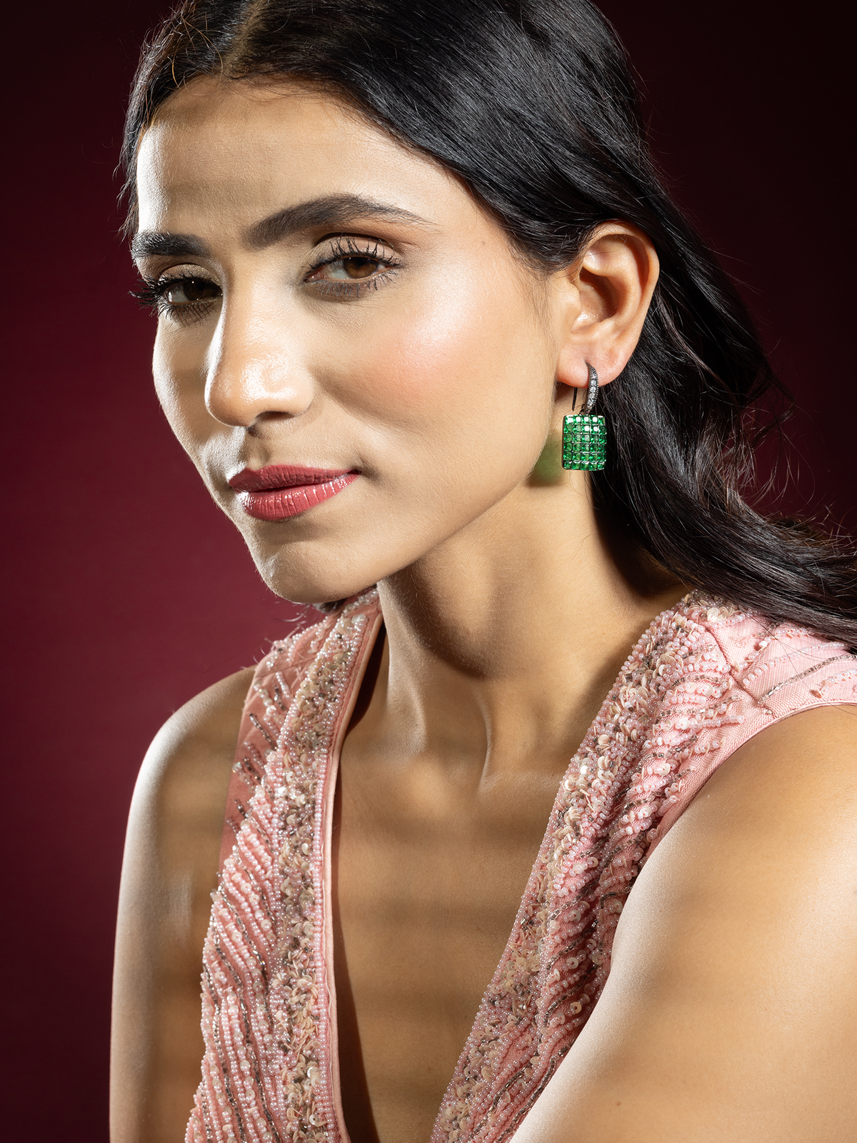 Black Rhodium-Plated White and Green Earrings