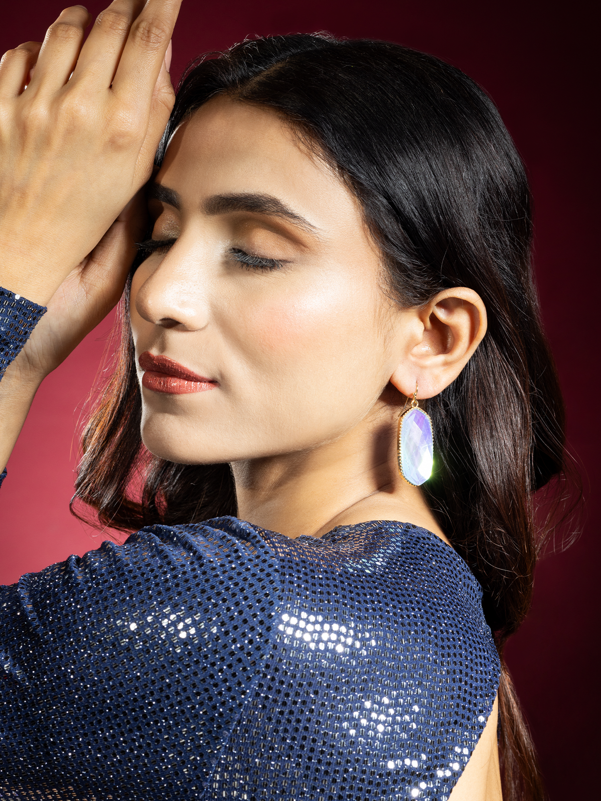 Gold-Plated Hexagon Aqua Blue Earrings