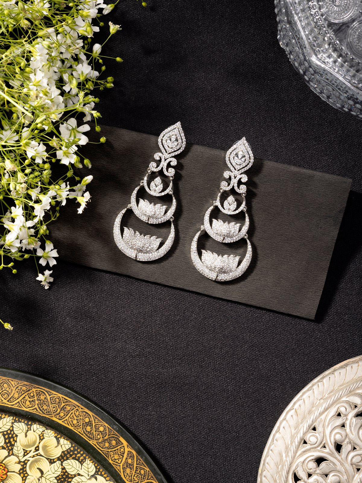 Rhodium Plated Lotus Design Earrings with American Diamonds