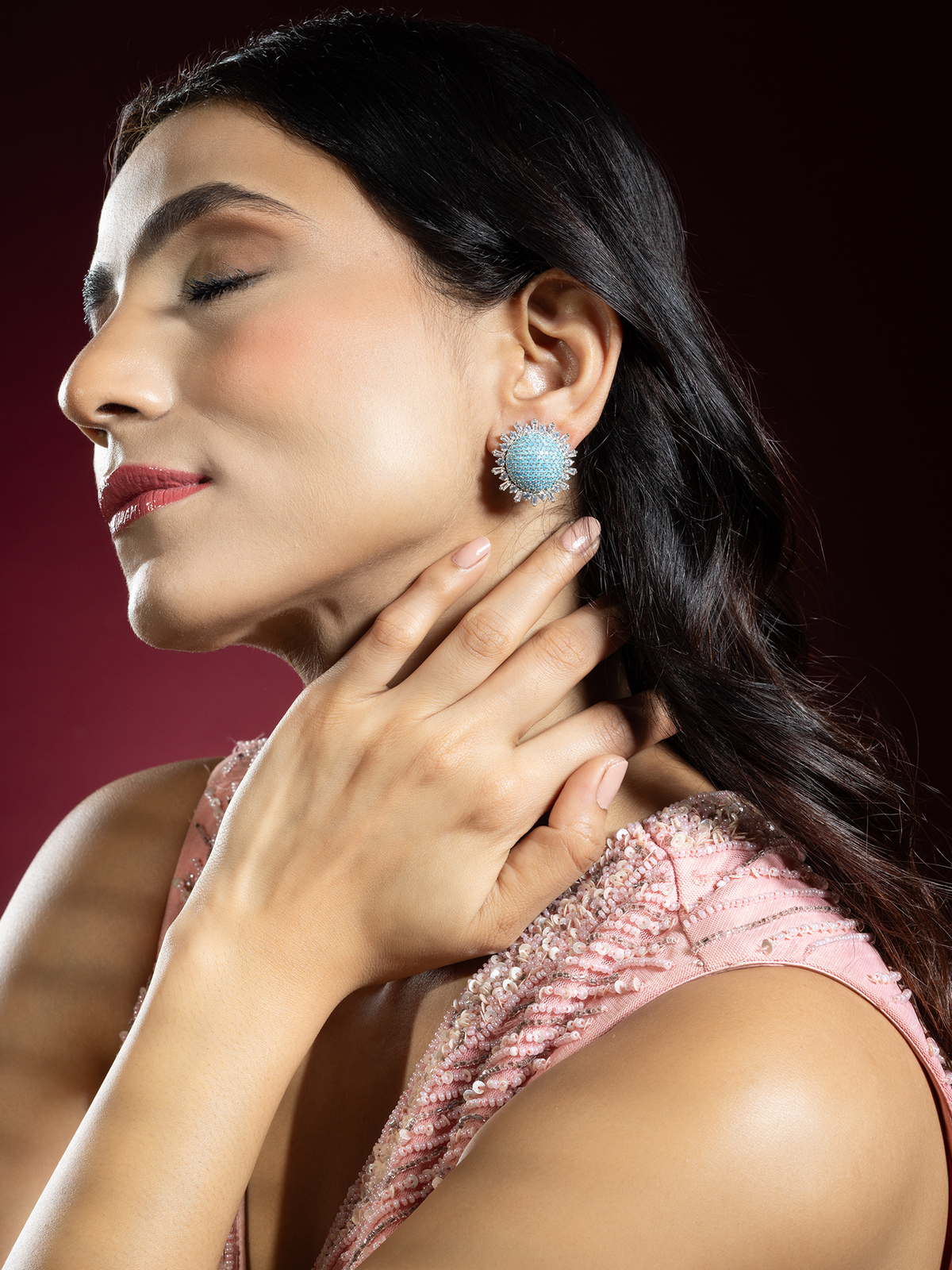 Rhodium-Plated White and Blue Round Earrings