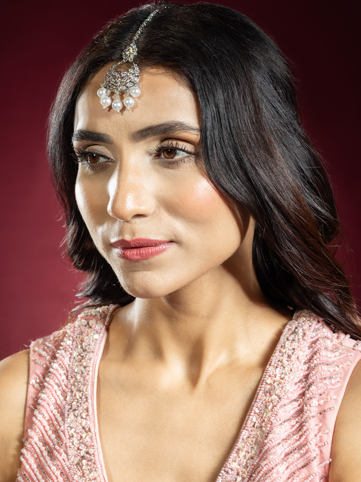 Silver Rhodium Plated White American Diamond & Pearl Maang-Tika