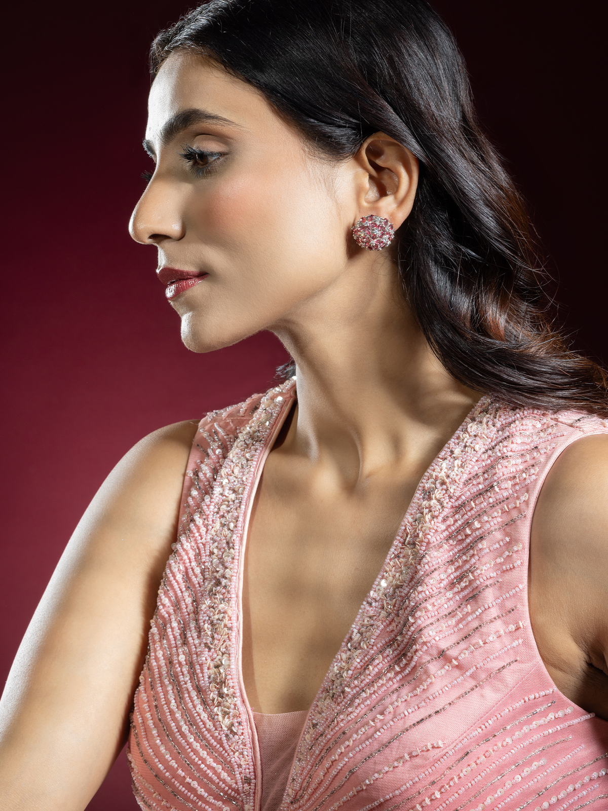 Rhodium Plated Red AD Floral Earrings