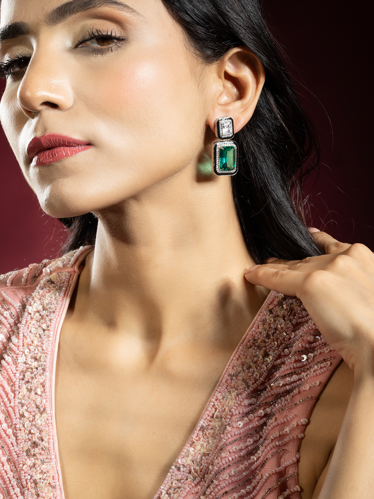 Rhodium Plated Emerald Earrings