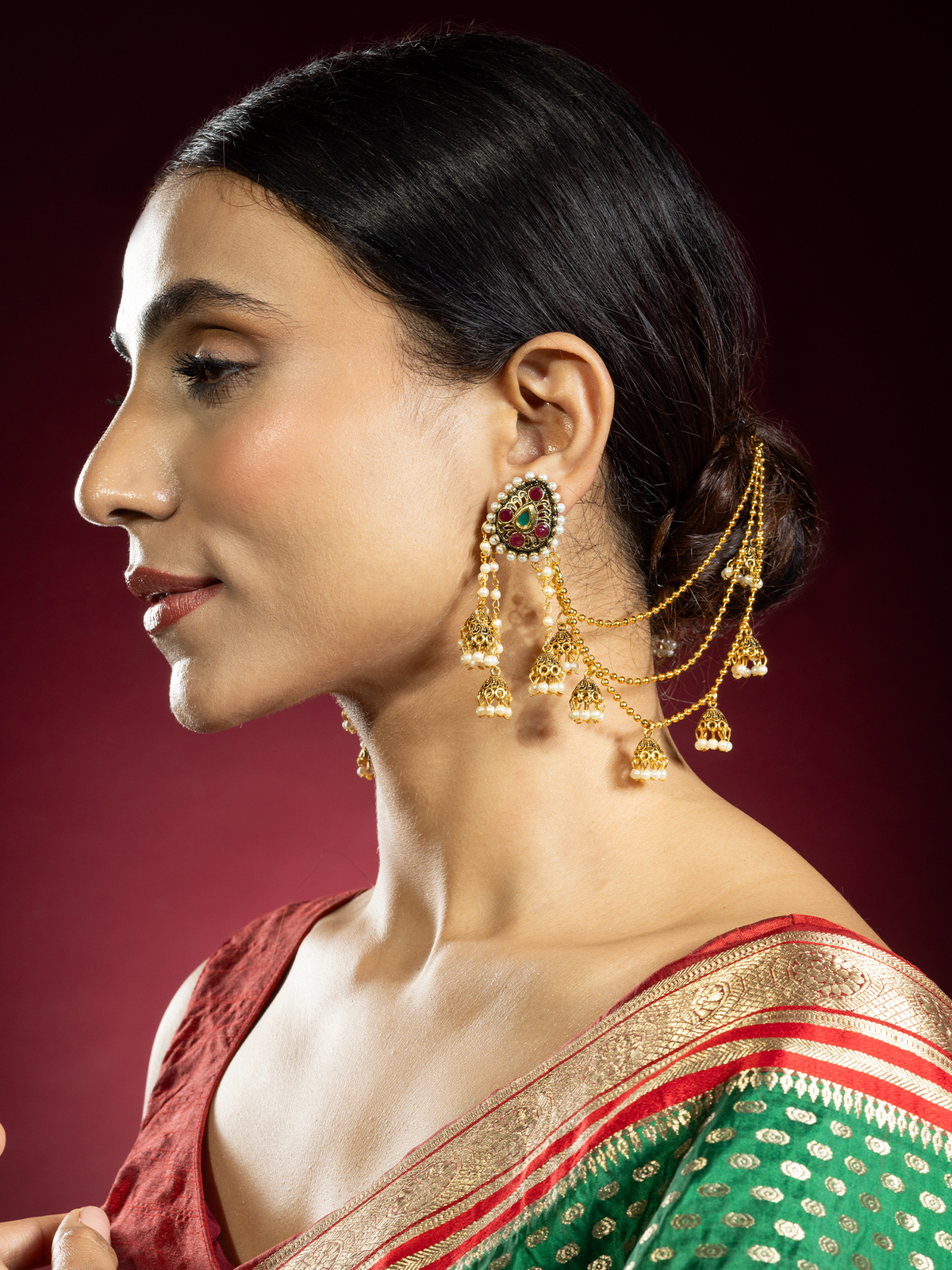 Ruby and Pearl Earring with Triple Layer Chain