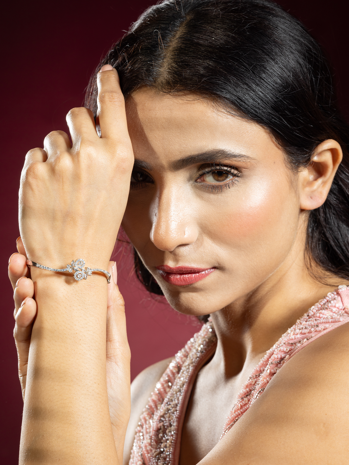 Rhodium-Plated White American Diamond Floral Bracelet