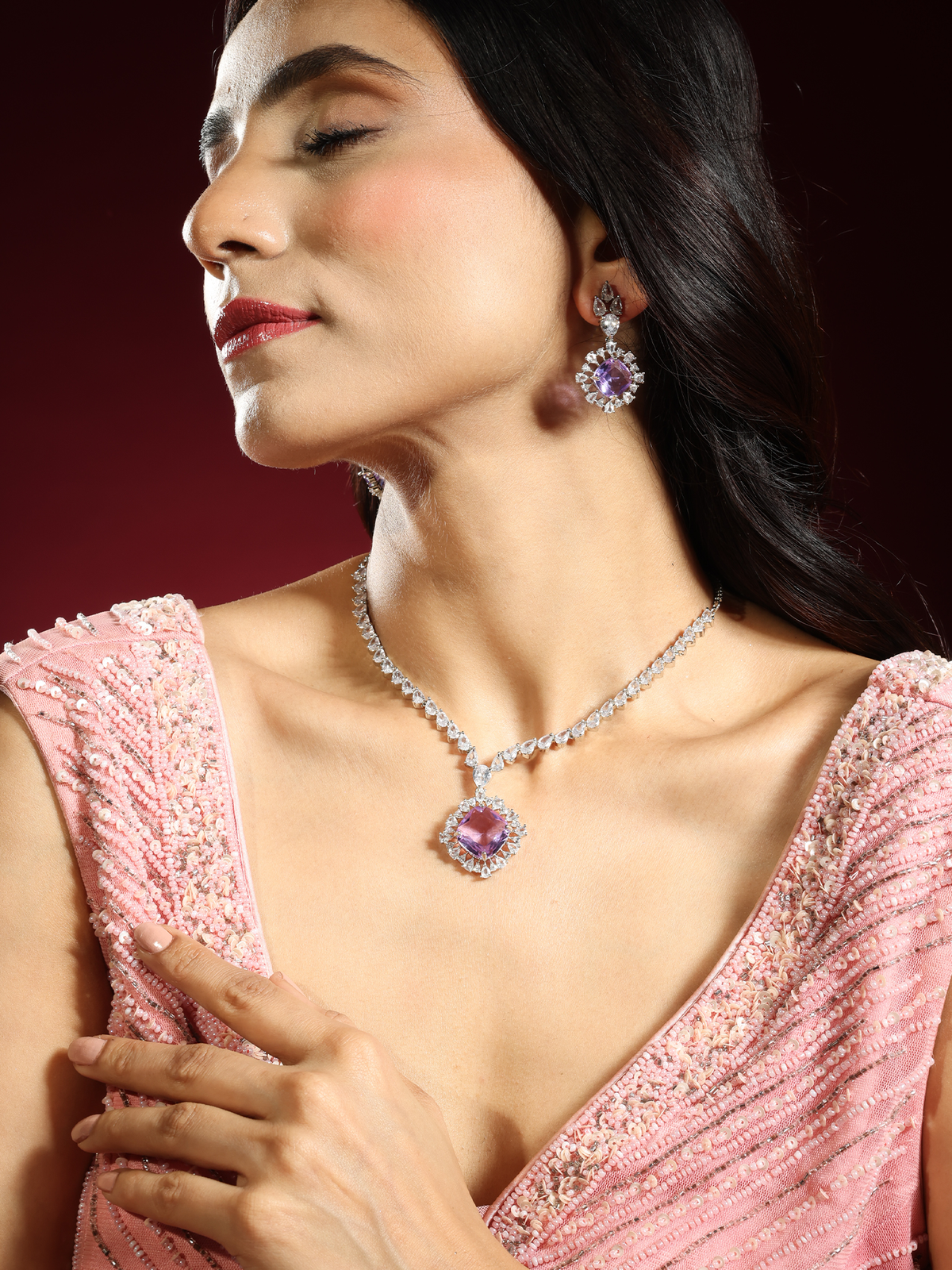 Rhodium Plated White and Purple American Diamond Necklace Set with Earrings