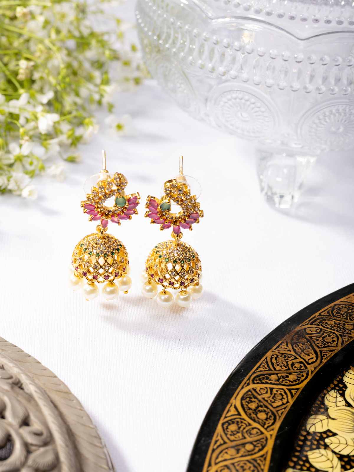 Gold-Plated Emerald, Ruby, White CZ, and Pearls Jhumki Earrings