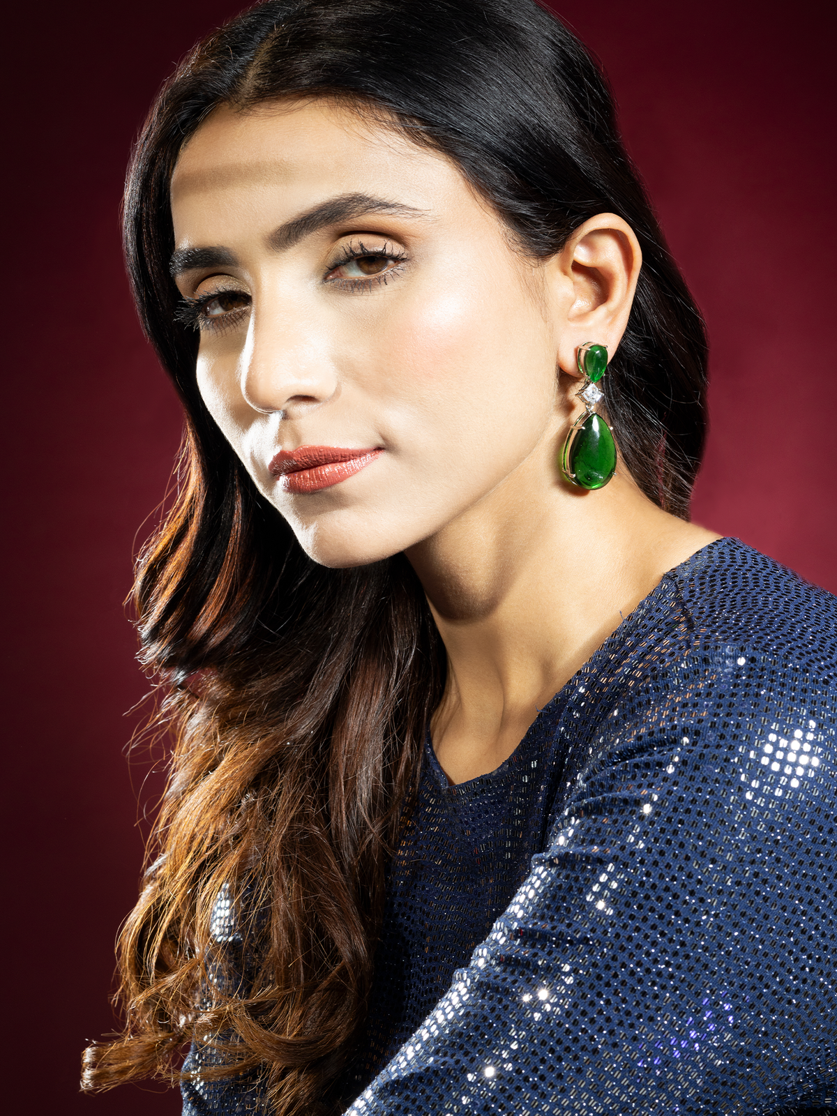 Rhodium Plated Green Water Drop Earrings