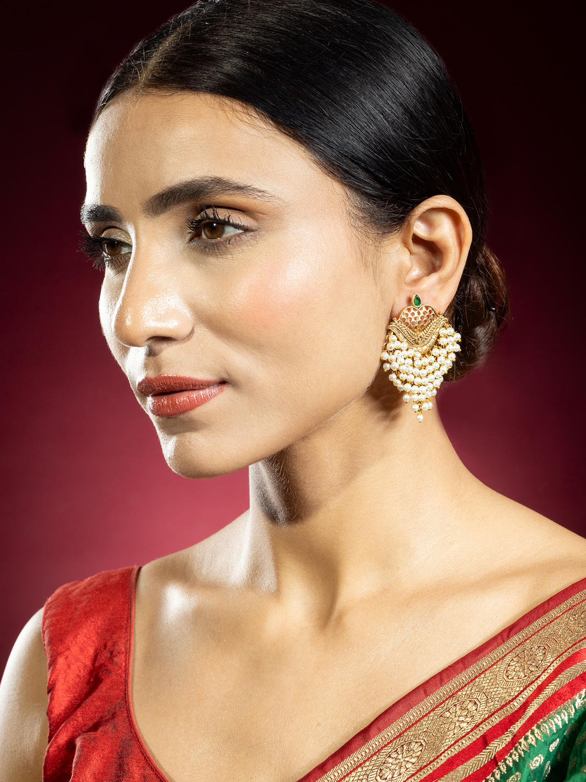 24K Gold-Plated Antique Emerald and Pearls Earrings