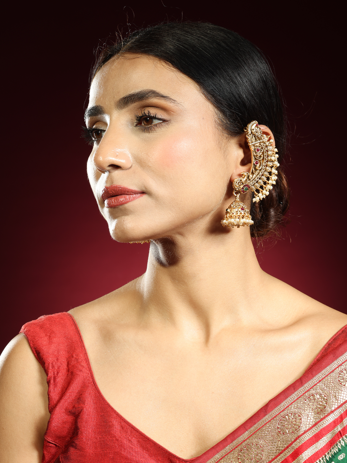24K Gold-Plated Traditional Peacock Pearl, Ruby and Emerald Jhumka Earrings