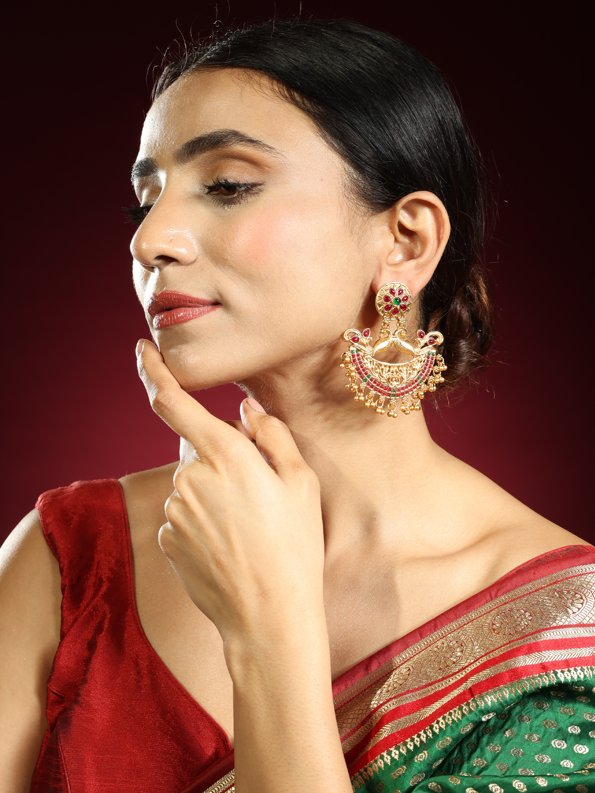 24K Gold-Plated Antique Ruby and Emerald Peacock Chandbali Earrings