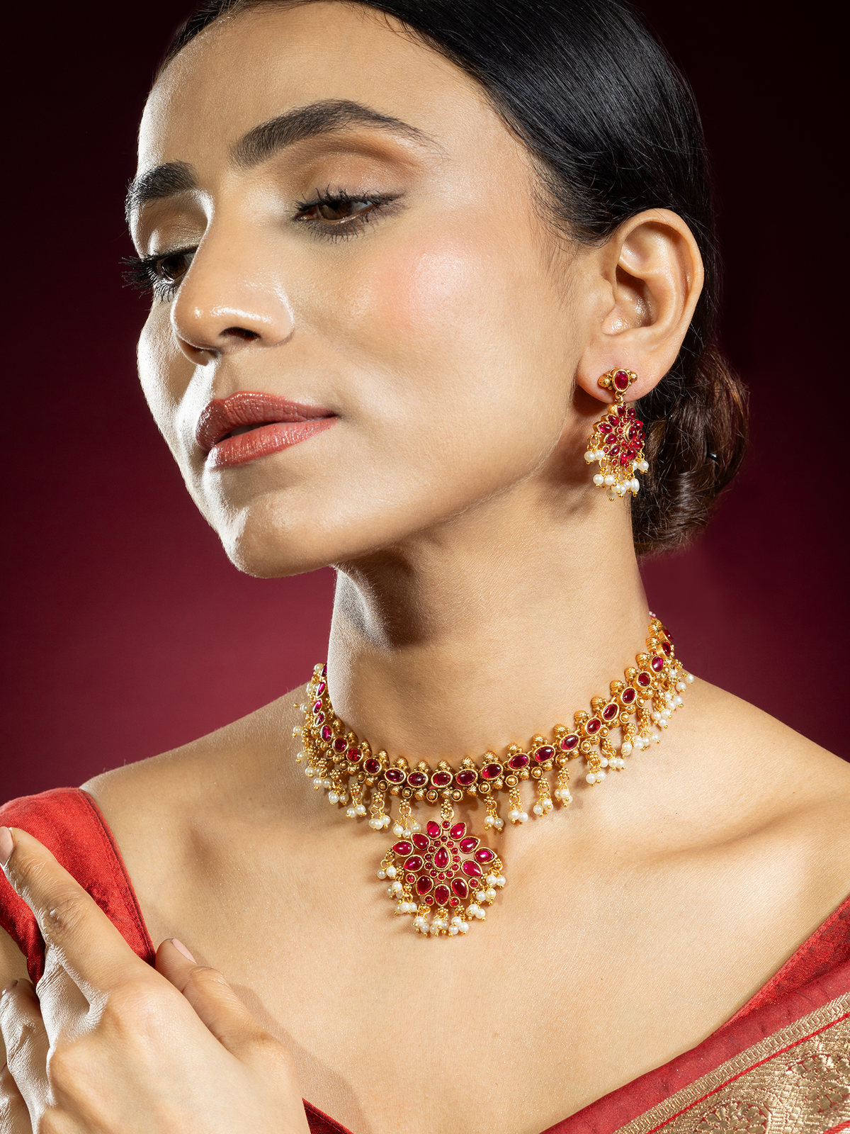 24K Gold-Plated Ruby & Pearl Necklace Set with Earrings